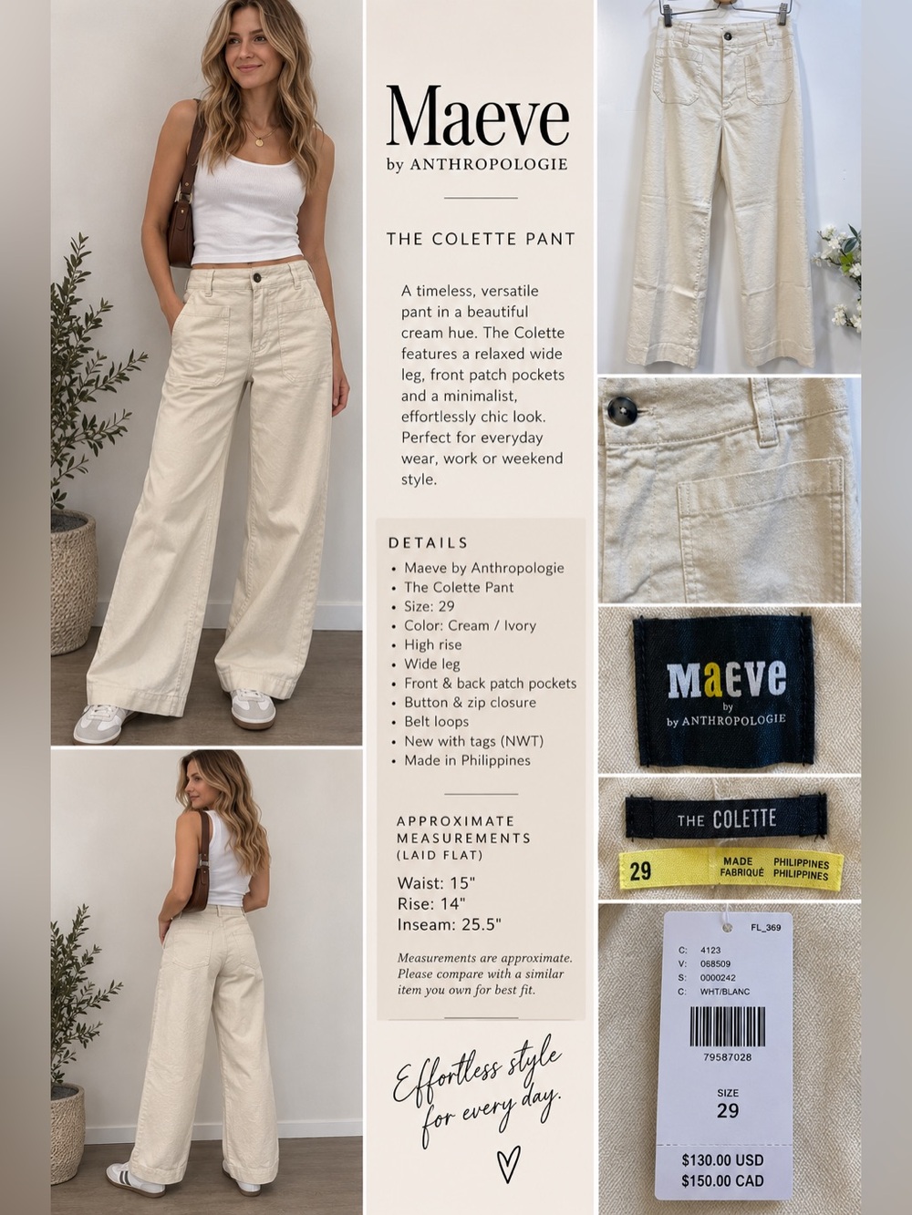NWT Maeve Anthropologie The Colette Cream Wide Leg Pants Size 29